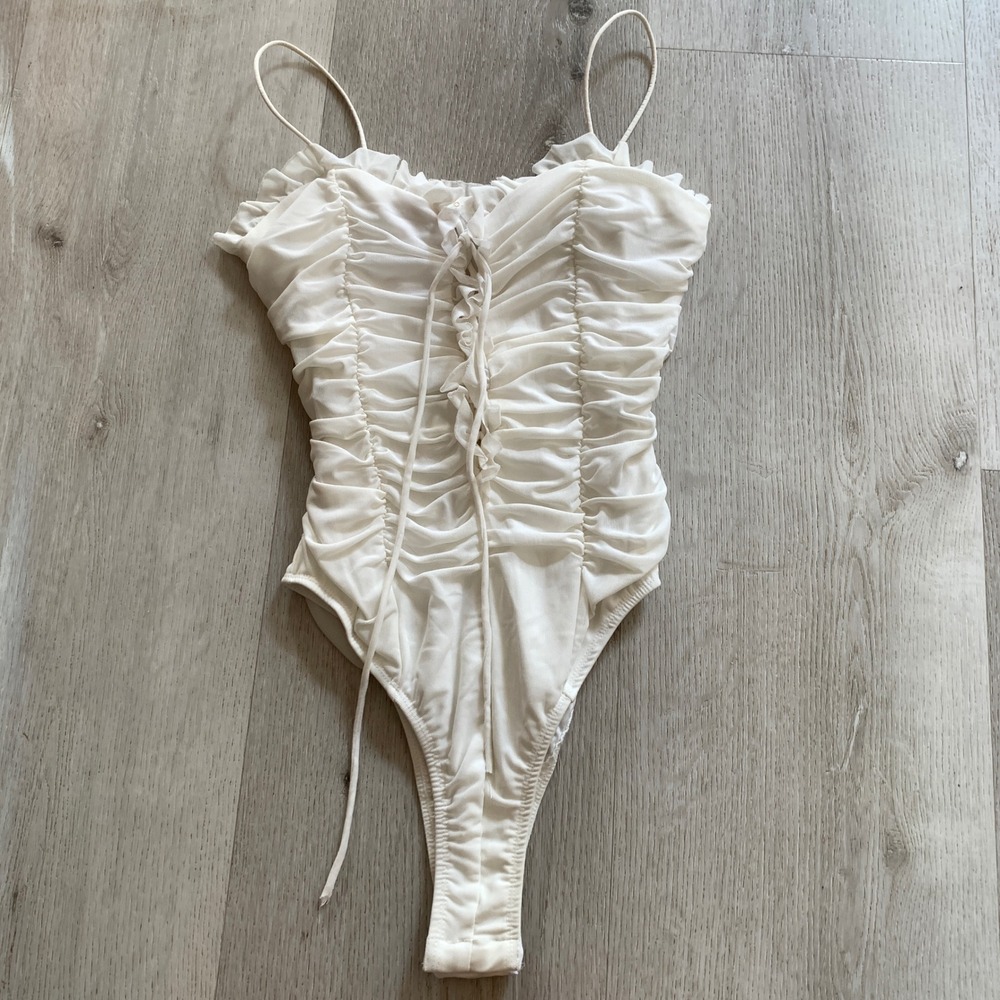 O.Vianca White Ruched Lace Up Mesh Bodysuit Small Cottagecore Coquette